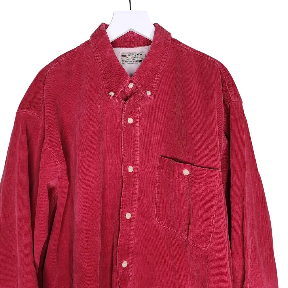 Vintage Bugle Boy Corduroy Mens‎ Shirt 2XLT Burgundy Long Sleeve Button Down